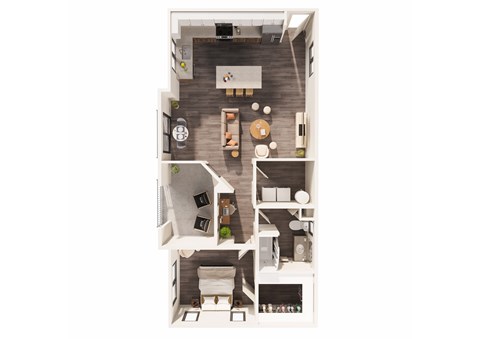 A top down view of a small apartment with a kitchen, living room, and bathroom.